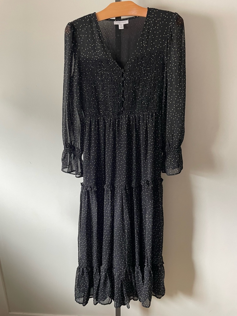 Topshop Cottagecore Polka Dot Tiered Midi Dress Chiffon Vintage Inspired Size 2